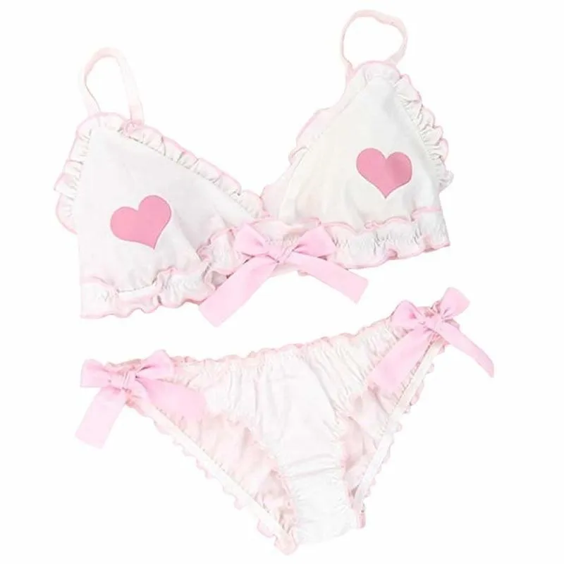 Pink 2 цвета милые банты Лолита школьницы нижнее белье Kawaii аниме белье бюстгальтер и трусики набор женщин Лолита наборы нижнего белья - Цвет: Pink