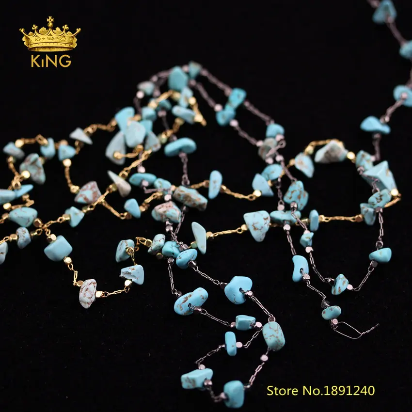 

5Meters Blue Turquoises Chip Loose Beads Rosary Chains Findings,Wire Wrapped Gunmetal/Gold Charms Stones Beaded Chains HX206