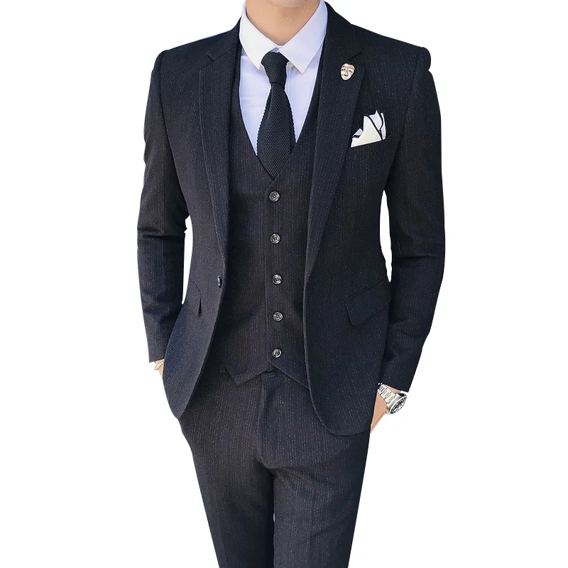 

Costume Homme Gentleman British Style Striped Business Formal Blazers Suits Wedding Groomsman 3-piece Suits for Men