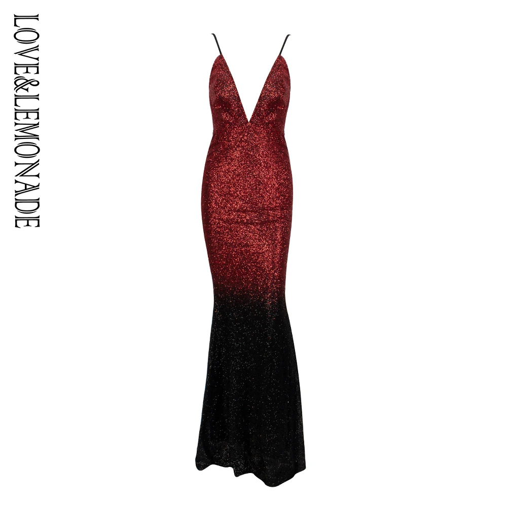 Love&Lemonade Red/Black Card Shoulder Deep V-Neck Party Dress LM80386