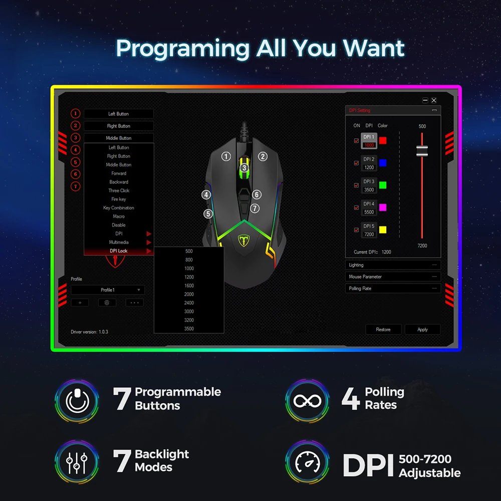 VicTsing PC233 игровая мышь Проводная 7200 dpi Регулируемая 7 программируемых кнопок RGB Backli