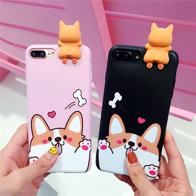 3D Розовый Черный корги милые собаки мягкие чехлы для телефонов iPhone X 6 6s 6plus 7 7Plus