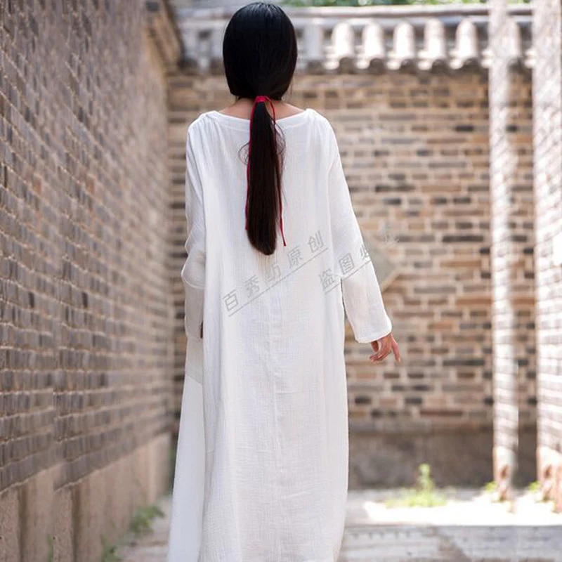 Женское льняное платье макси с длинным рукавом заниженным подолом|dress white dress|dress