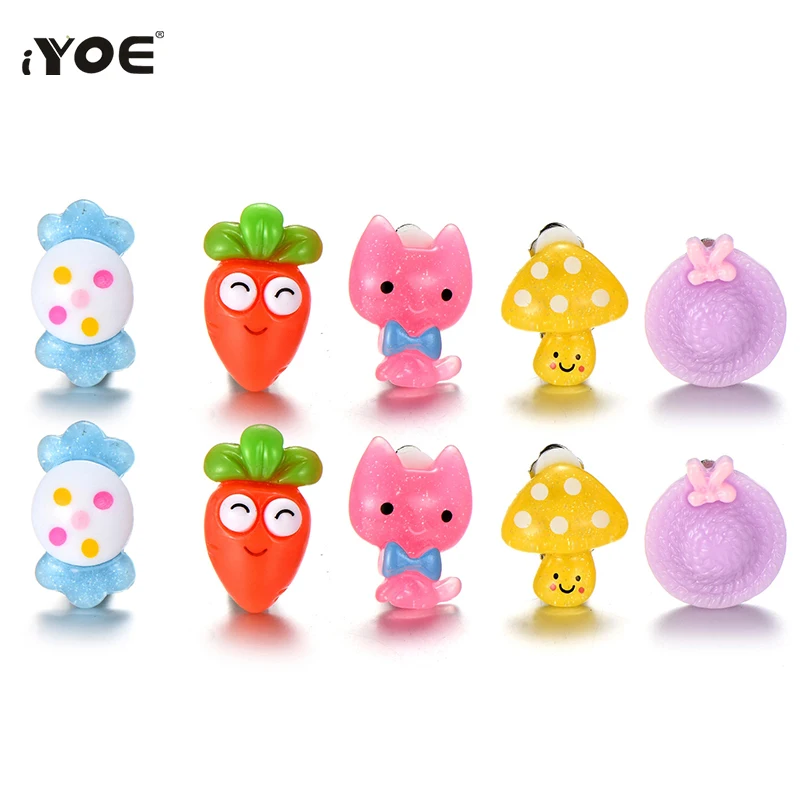 Детские серьги клипсы IYOE с мультяшным цветком шапкой Кроликом смайликом рыбкой