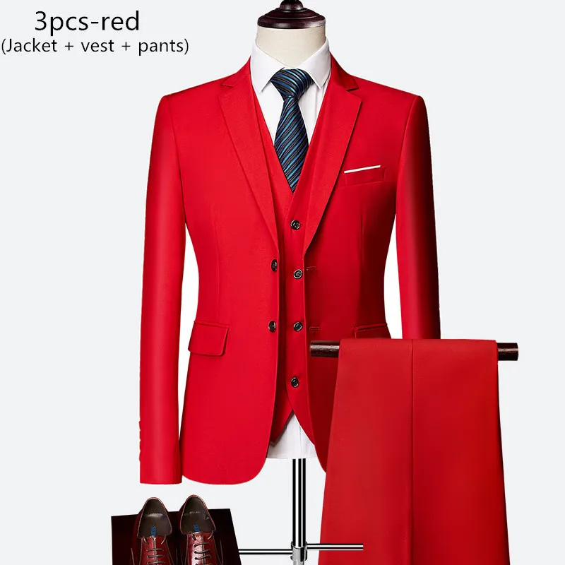 3pcs-red Деловой мужской костюм, костюм из 3 предметов, Мужской Блейзер+ жилет+ брюки, Свадебный костюм жениха на заказ, большие размеры, M-6XL, высококачественные костюмы - Цвет: 3pcs-red