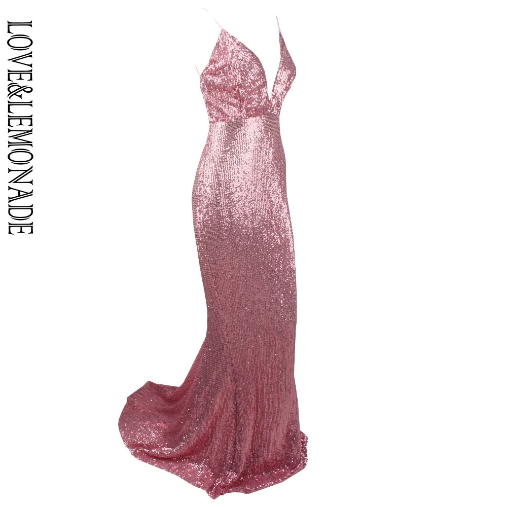 Женское эластичное платье LOVE & LEMONADE розовое длинное с v образным вырезом и