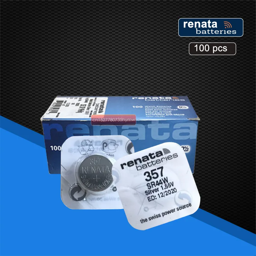 

100 упаковка 100% оригинальный новый Renata 357 долговечный SR44W SR44 LR44 A76 L1154 SR44 357A AG13 Швейцарский Аккумулятор для часов