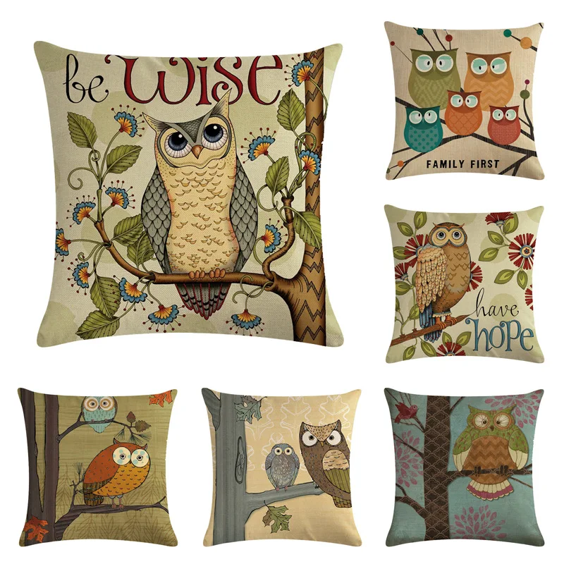 

Printed Owl Cushion Cover 45*45cm Cotton Linen Wedding Decor Throw Pillowcase 1 Side Print Cojine
