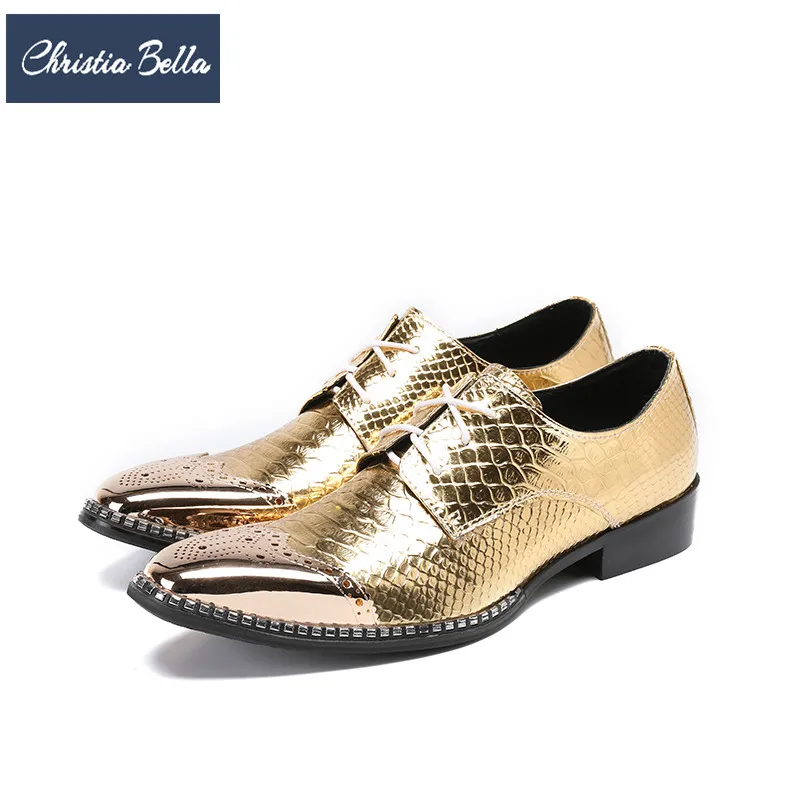 

Christia Bella British Style Bullock Carved Men Oxford Shoes Gold Wedding Dress Shoes Lace Up Genuine Leather Men Brogue Shoes