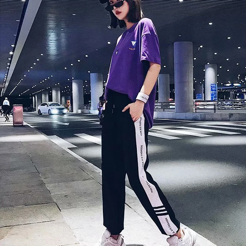 Брюки женские черные в полоску сбоку с эластичным поясом осень 2019 повседневные