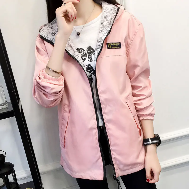 Женская осенняя куртка бомбер с карманами на молнии капюшоном двухсторонняя