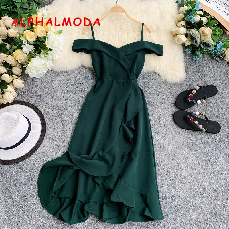 Женское платье с открытыми плечами ALPHALMODA элегантное оборками Летнее Платье До