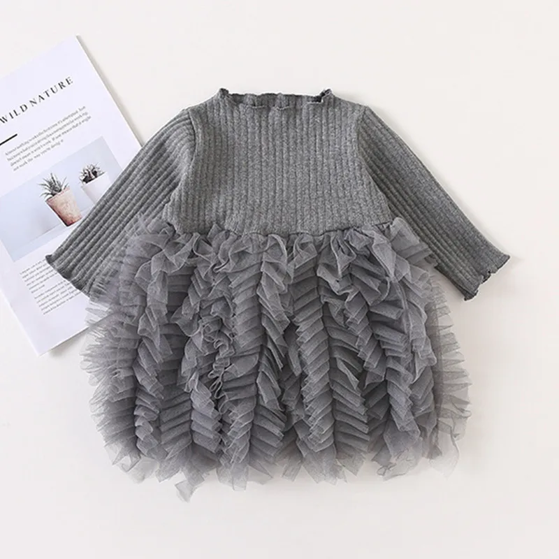 gray Платья для маленьких девочек; сезон осень-зима; вязаное платье принцессы с длинными рукавами; воротник в виде листка лотоса; платье с карманами; одежда для маленьких девочек - Цвет: gray