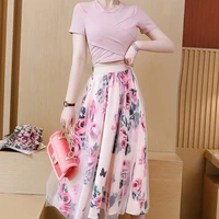 women irregular t shirtmesh skirts suits bowknot solid tops vintage floral skirt sets for elegant woman