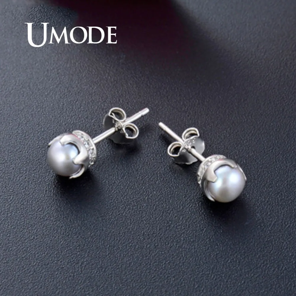 UMODE New White Round Pearl 925 Sterling Silver Stud Earrings for Women Small Cute Studs Gold Jewelry ALE0491 | Украшения и