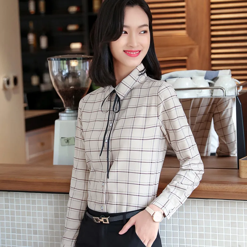 Apricot plaid Профессиональная одежда осень зима женские блузки Новая мода ретро клетчатая рубашка с длинным рукавом темперамент офисные женские топы размера плюс - Цвет: Apricot plaid
