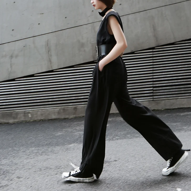 New 2019 Korean Style Women Solid Black Romper Jumpsuit Full Length V Neck Sleeveless Female Casual Overalls Pants 9000 | Женская одежда