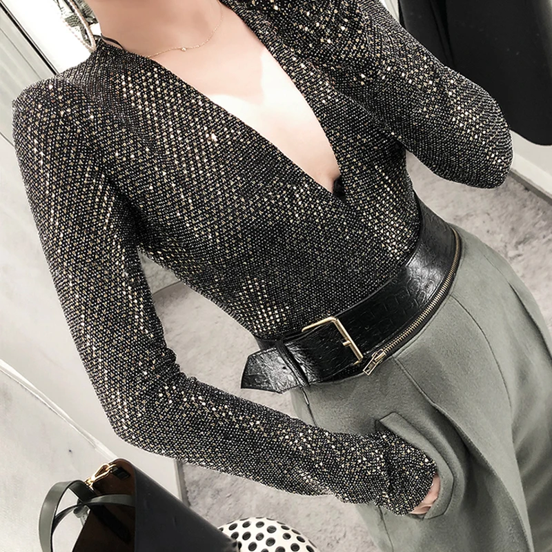 Женское боди с блестками и глубоким V образным вырезом длинным рукавом|bodysuit for