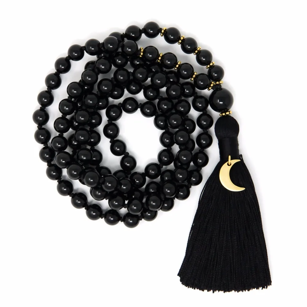 108 mala beads Necklaces Black Onyx necklace Hand Knotted tassel Necklace Fashion Men's Yoga Mala Prayer Bead | Украшения и