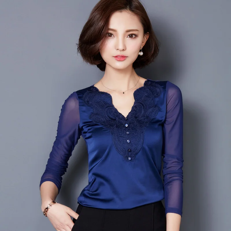 Женские блузки больших размеров Весна-Осень 2016 модные шелковые с v-образным