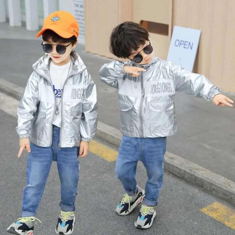 Spring Baby Boy Silver Fashion Jacket New Autumn Children's Glossy High Collar Boys Zipper Jackets Kid Letter Thin Top Coat