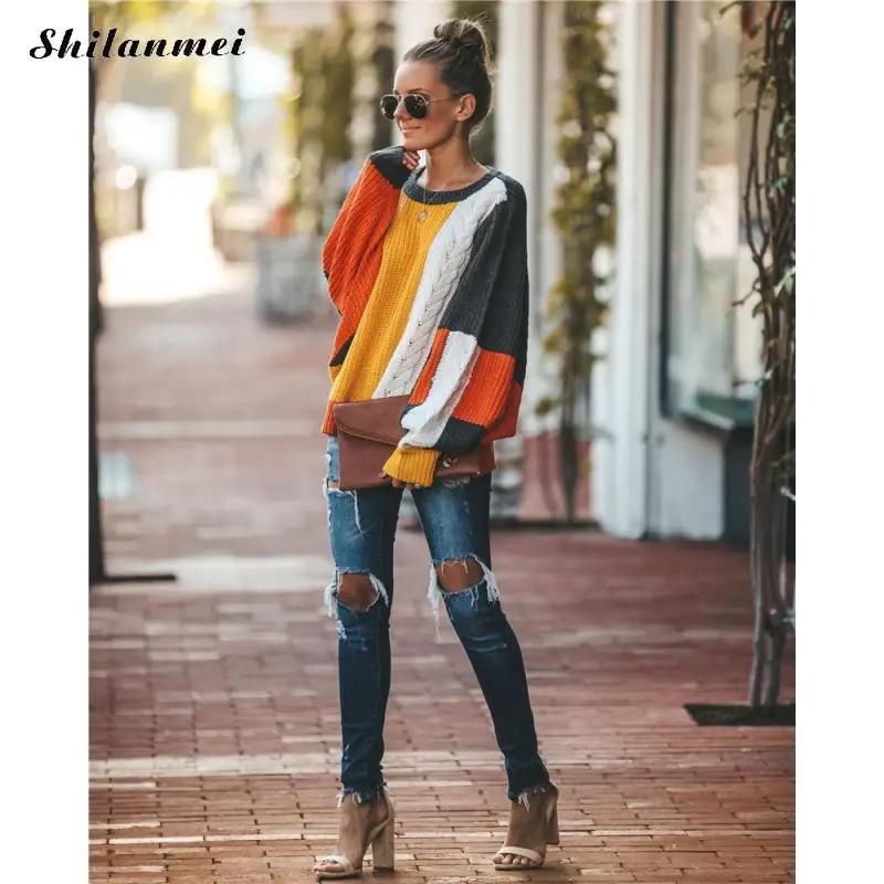 Autumn Winter Women Sweaters And Pullovers Street Style Lantern Sleeve Patchwork Jumper Fashion Loose Chunky Knit Sweaters