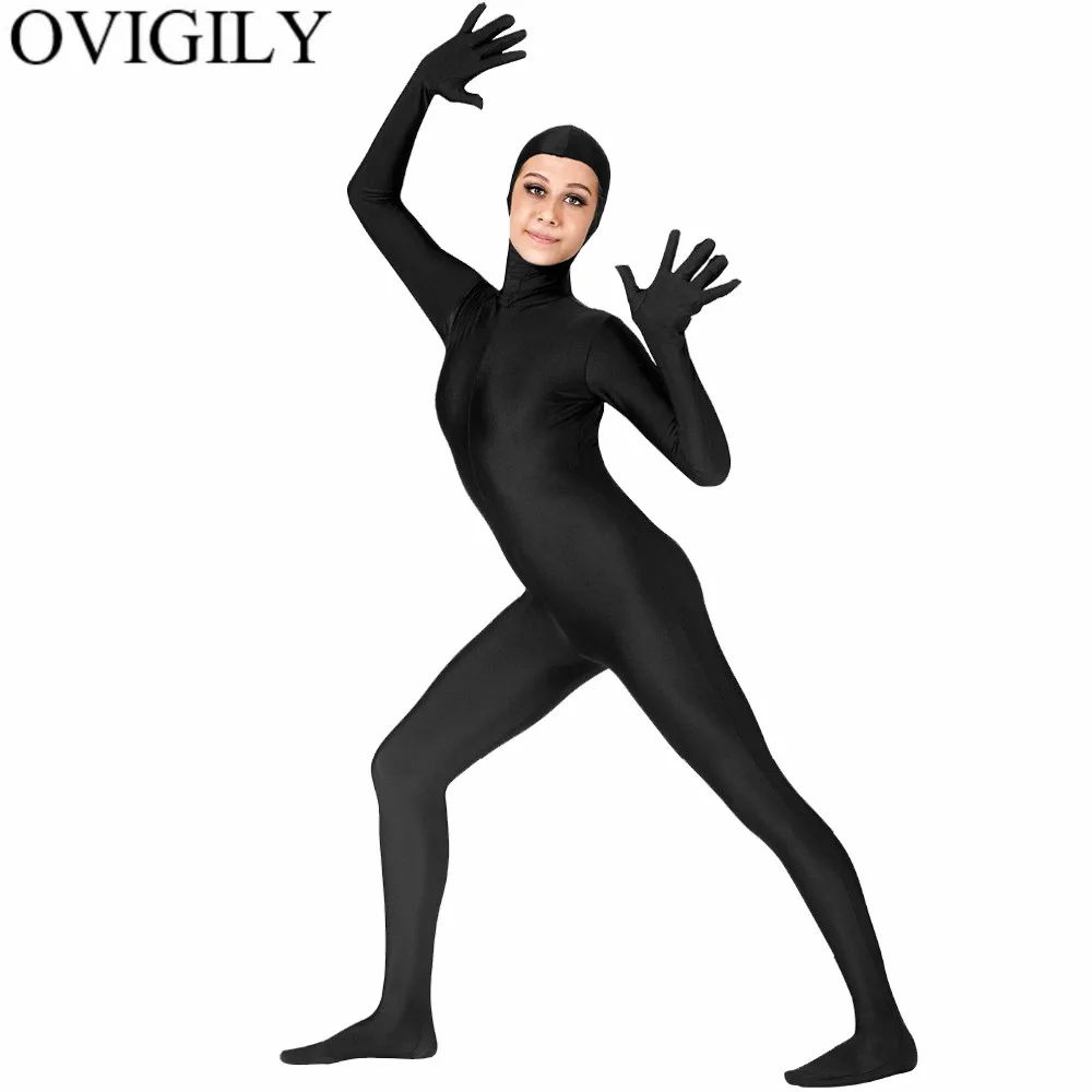 OVIGILY женский черный костюм зентай с открытым лицом лайкра танцевальный спандекс