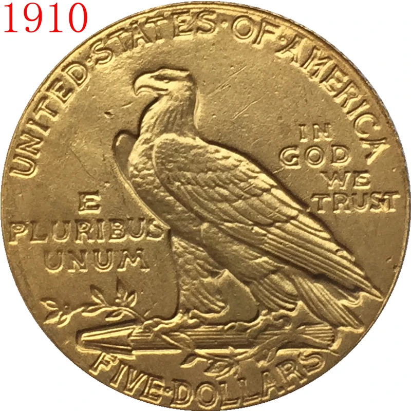24-к позолоченный 1910 $5 золото индийская половина монета с изображением орла КОПИЯ
