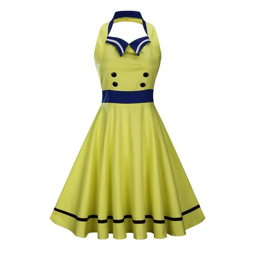 Для женщин Холтер Sailor Винтаж платье в полоску и пуговицы Pin up 1950 50 s ретро свободное платье с открытой спиной без рукавов Лето платья для вечеринок - Цвет: Цвет: желтый