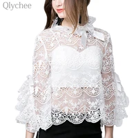summer sexy women lace t shirt two pieces see through flare sleeve ladies t shirt retro female top