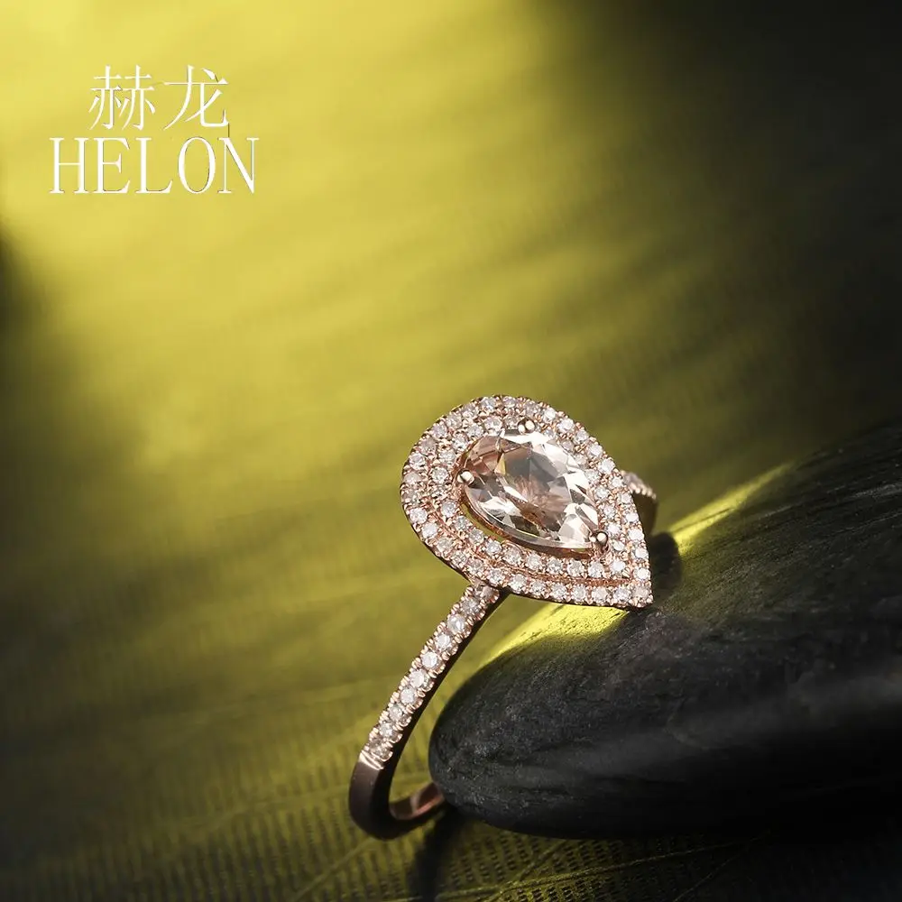 HELON Solid 14 k розовое золото два халоса натуральные Алмазы обручальные Обручальные кольца 5x7 мм Груша морганитное кольцо ювелирные изделия для женщин