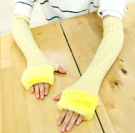 Yellow Модные зимние женские перчатки, кроличья шерсть, мех, на запястье, теплые, длинные, без пальцев, вязаная рукавица - Цвет: Yellow