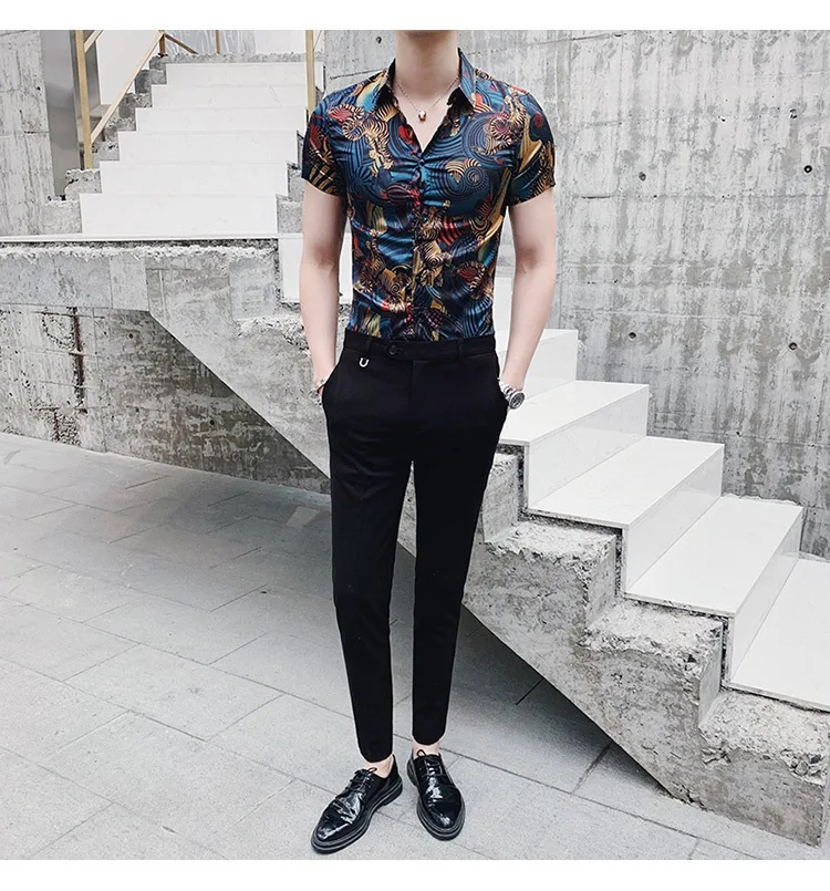 Повседневное Camisa Masculina Бизнес Работы Рубашки Летние Шорты рукавом Slim Fit печати Для мужчин рубашка Для мужчин Одежда корейский Смокинг Рубашка