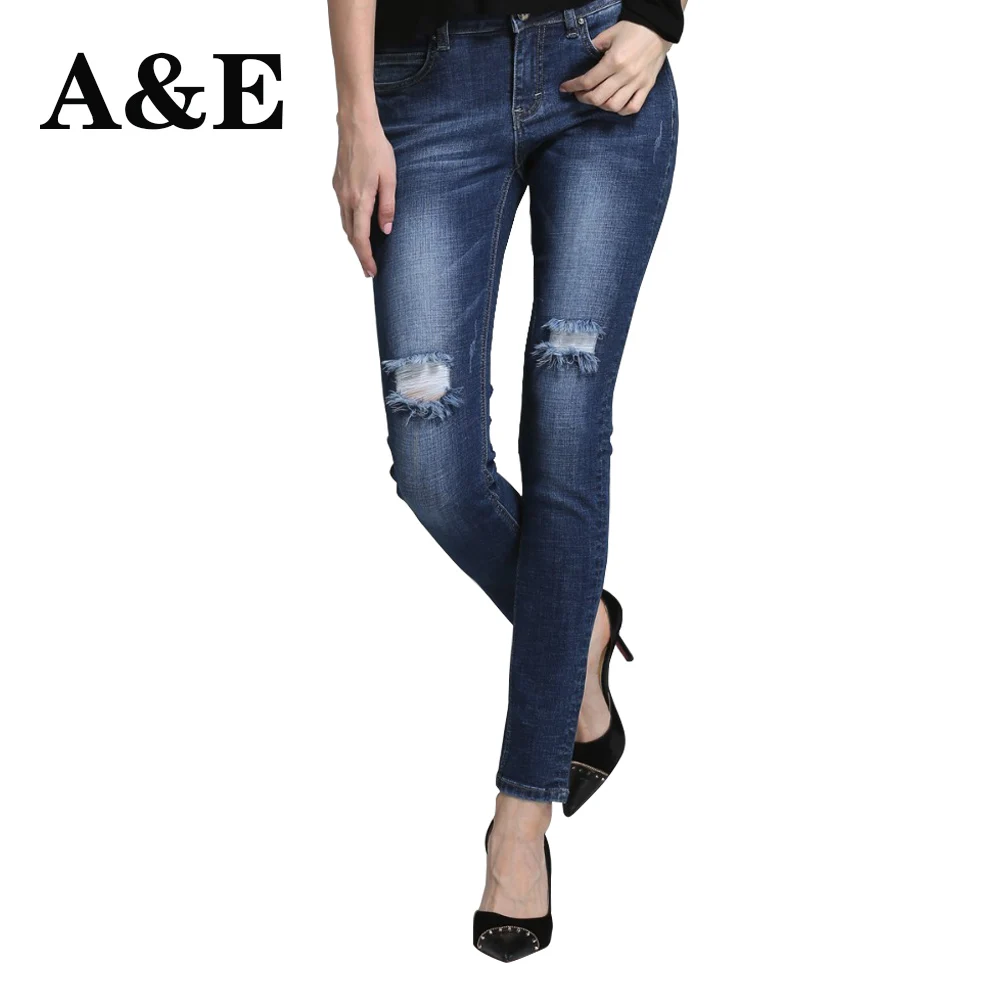 

Alice & Elmer Women's jeans straight For Girls Mid Waist Stretch Female Jeans Pants Torn jeans for women