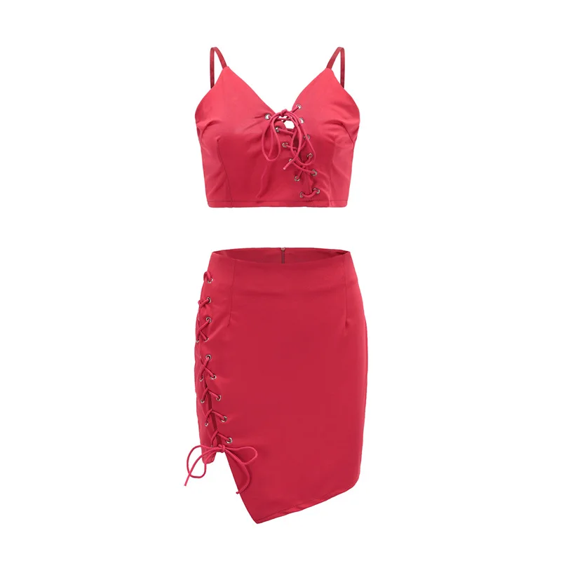 

2022 Women's Hot Sale V-neck Lace Short Fashion Mall Vest Skirt Suit Female Red