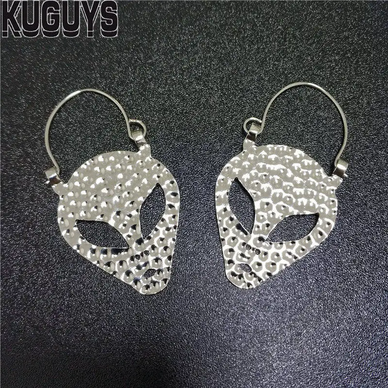 Серьги-капли с лицом пришельца KUGUYS для женщин, аксессуары из металла ET, модные ювелирные изделия, золотистого и серебряного цвета.