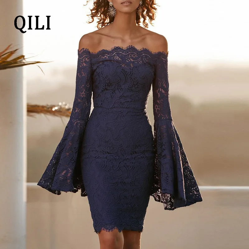 QILI/Белое Кружевное платье для женщин, сексуальное, с открытыми плечами, расклешенное, с длинным рукавом, с разрезом сзади, вечерние платья, Клубное облегающее платье, черное, белое, винно-красное