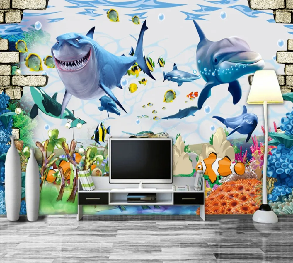 

Free Shipping Underwater World Fantasy Shark Dolphin Background Custom 3d Living Room Decoration Wallpaper in Children'S Room