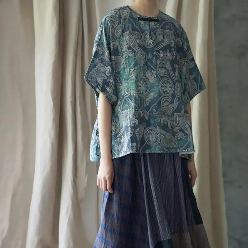 Женские винтажные блузки на пуговицах Johnature свободные топы с круглым вырезом и