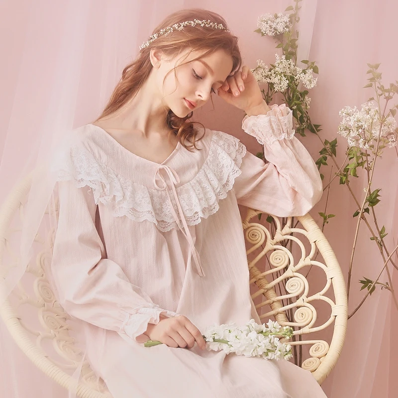 Free Shipping 100% Cotton Princess Nightdress Royal Nightgowns Women's Long Pijamas Purple and Pink Sleepwear Girl Home Cloth | Женская