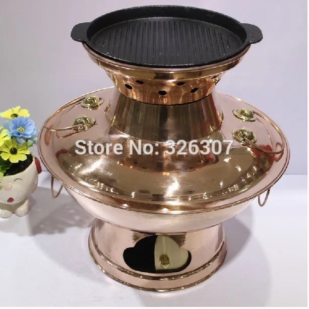 

32cm China Sichuan roast rinse one copper hot pot thickened Mongolian Chinese charcoal fondue pot handmade cooking barbecue BBQ