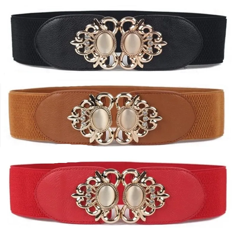 

Fashion Opal Decoration Women Elastic Girdle Women's High Quality Elastic Waistbands Retro Totem Metal Flower Buckle Gold White