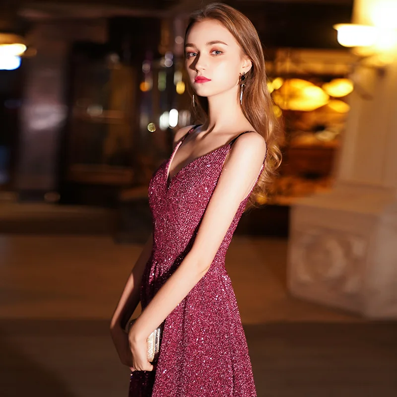 Женское вечернее платье до пола Элегантное Длинное бордового цвета с блестками V