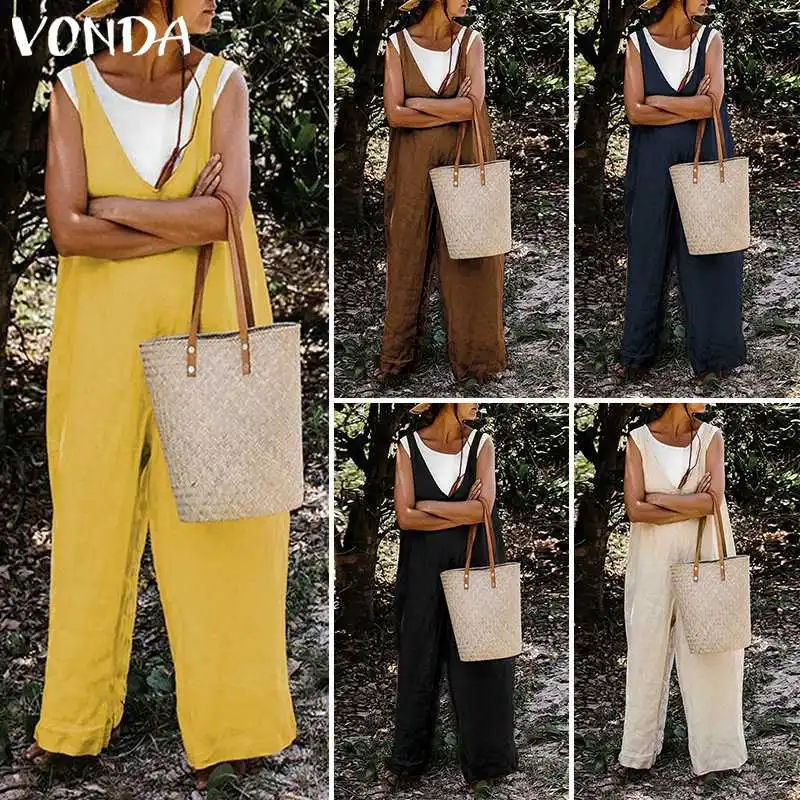 

VONDA 2021 Women Rompers Women Sexy Sleeveless Jumpsuits Casual Office Overalls Loose Backless Long Jumpsuits Plus Size Pantalon