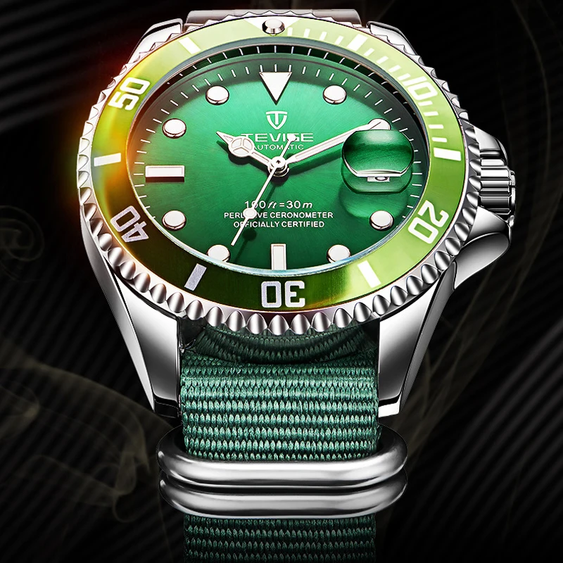 Часы Tevise Мужские механические брендовые зеленые парусиновые автоматические