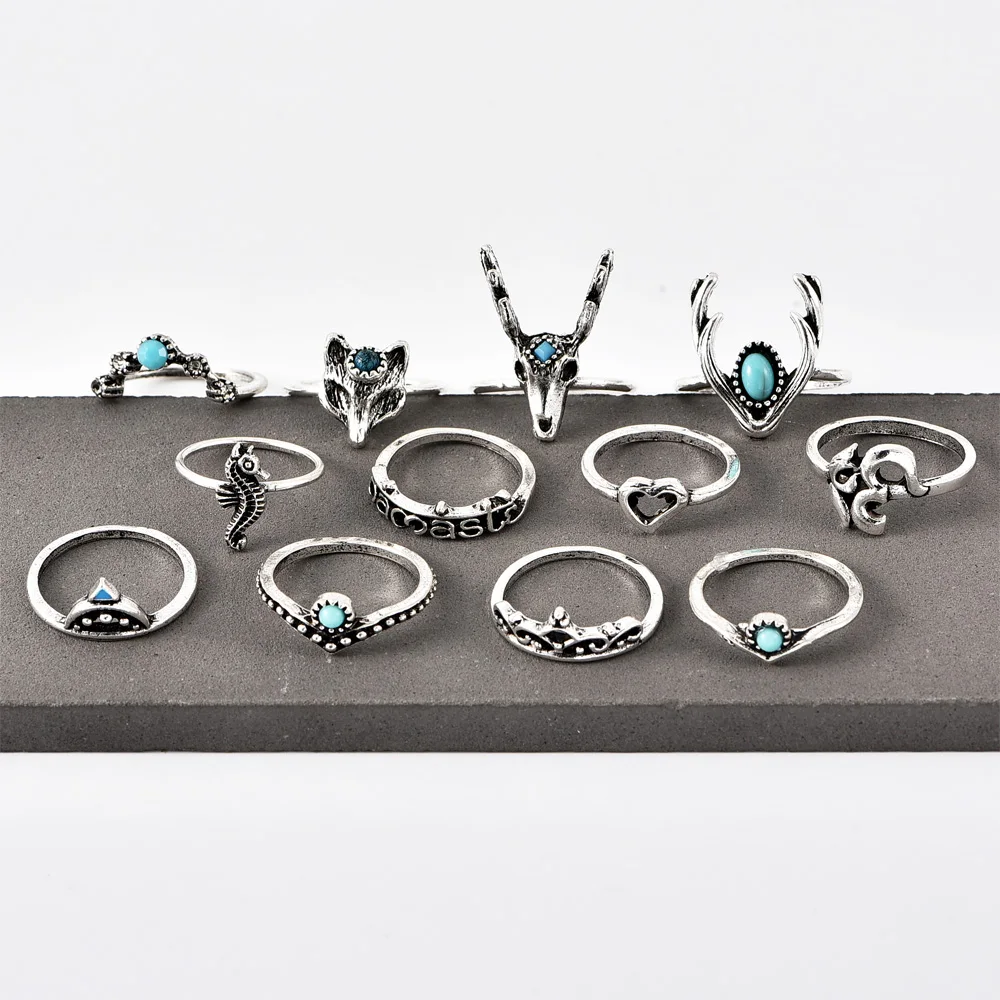 12 Pcs/Set Creative Silver Color Om Hollow Heart Letter Crown Deer Crystal Geometry Rings Halloween Jewelry Women Ring Set | Украшения и
