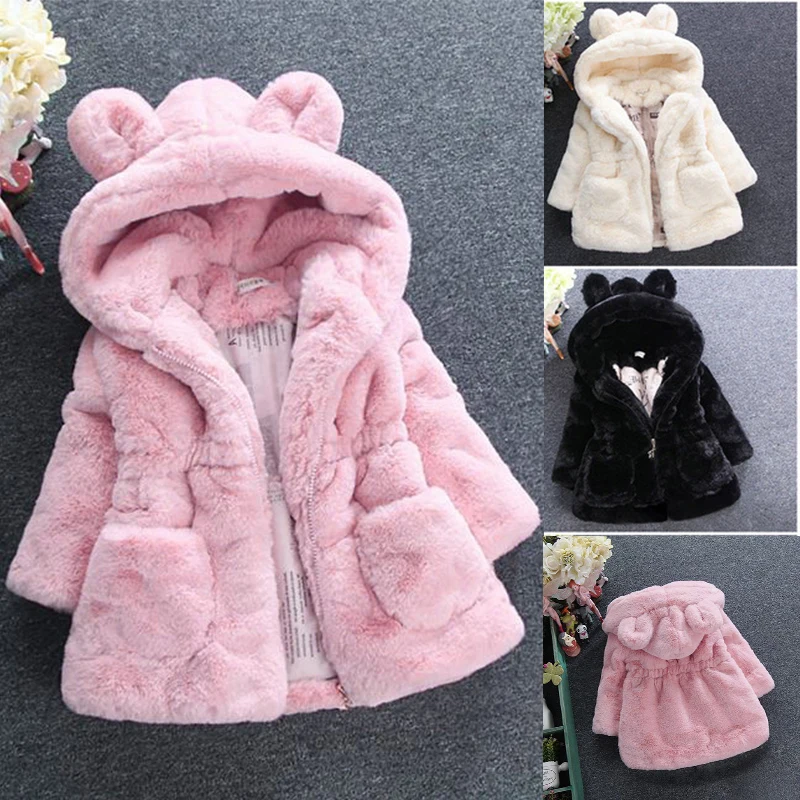 

New Fashion Winter Baby Girls Clothes Faux Fur Fleece Coat Pageant Warm Jacket Xmas Snowsuit 1-8Y Baby Hooded Jacket Outerwear