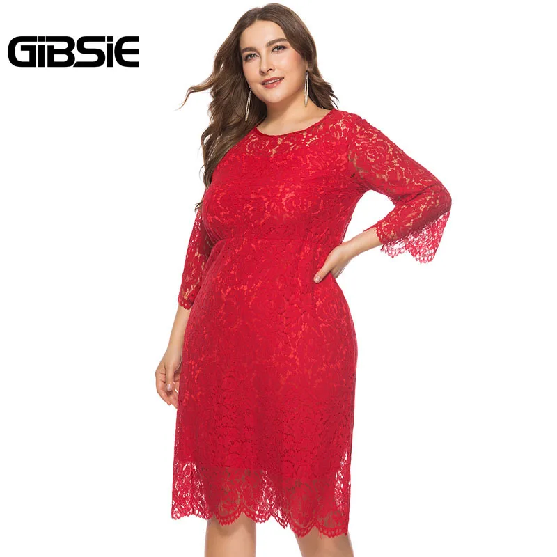 GIBSIE 6XL Для женщин элегантные кружевные вечерние платье Повседневное туника с рукавом три четверти Длина рукавами трапециевидной формы миди платье размера плюс Женская одежда