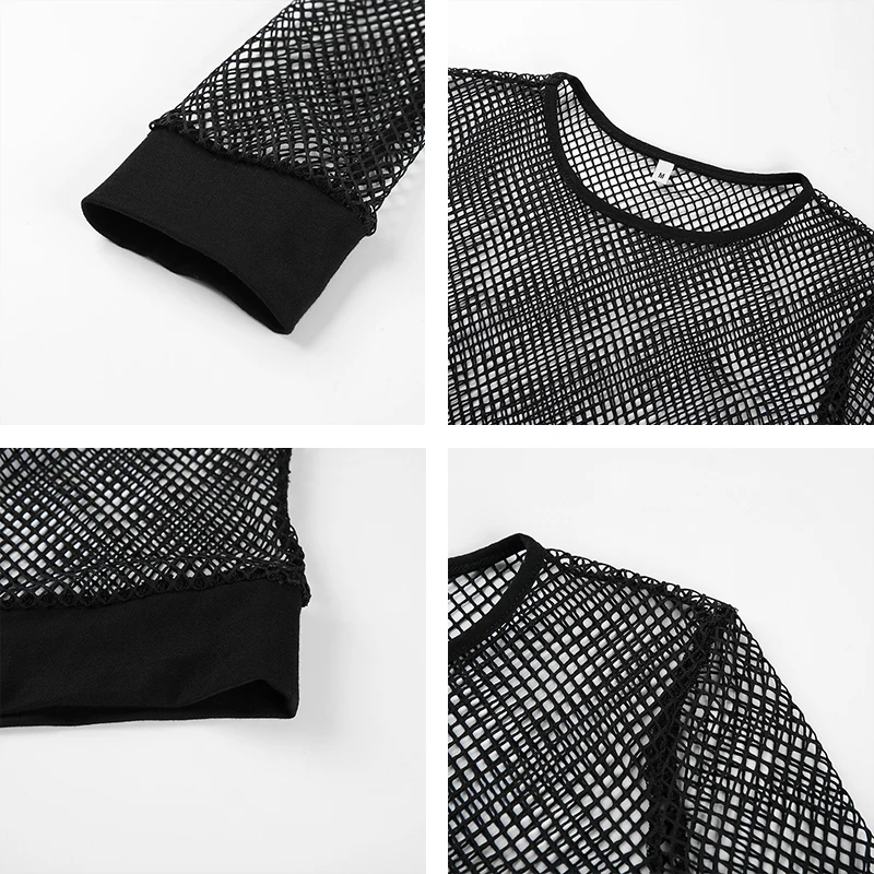 Rapwriter Sexy Black Hollow Out Mesh T-shirt Female Skinny Crop Top New Fashion Summer Basic Tops For Women Fishnet Shirt