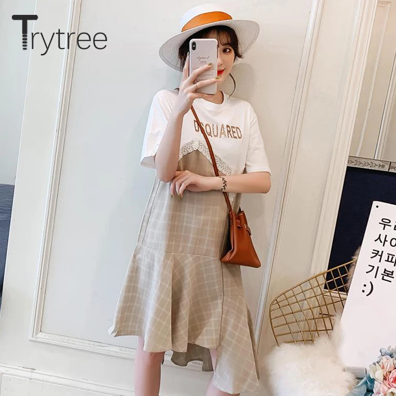 Trytree летнее платье женское повседневное хлопковая Футболка Лоскутная кружевная